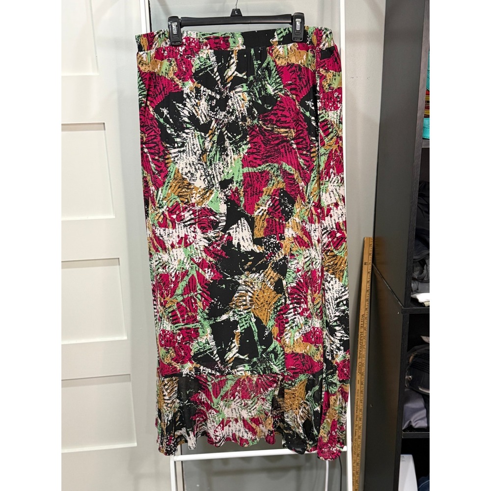 Sahalie Abstract Tropical Leaf Print Ruffle Maxi Skirt PXL Whimsigoth Y2K 90s